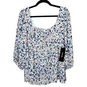 NEW MTS Dailylook Womens 1X Floral Square Neck Smocked Balloon Sleeve‎ Blouse